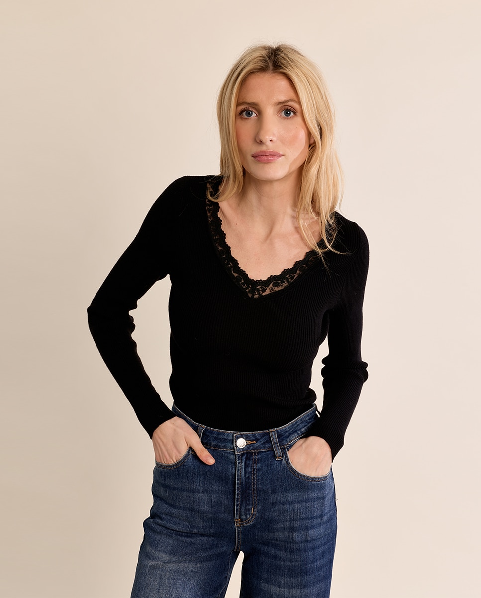 Jersey de mujer de manga larga detalle encaje - Molly Bracken - Negro Negro-3