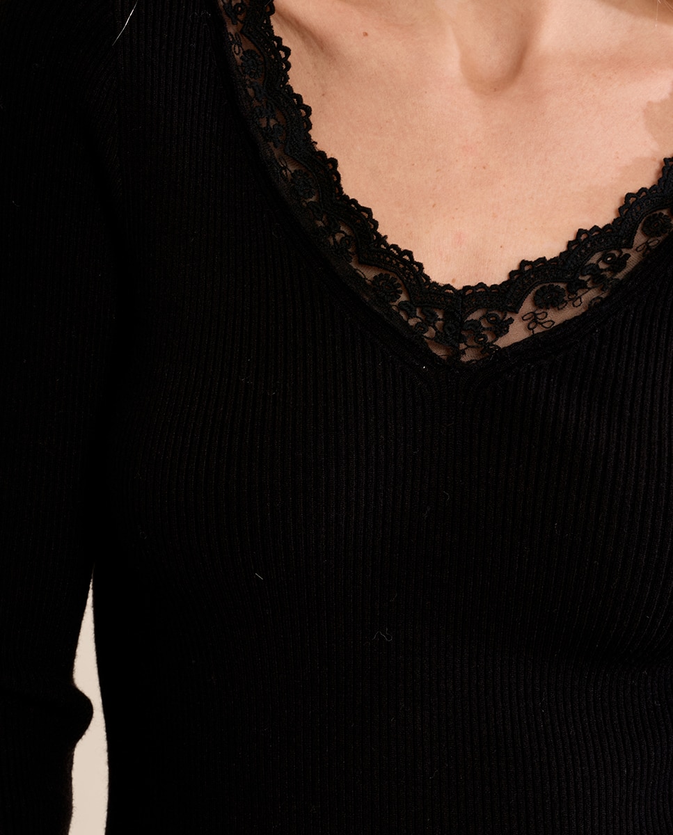 Jersey de mujer de manga larga detalle encaje - Molly Bracken - Negro Negro-5
