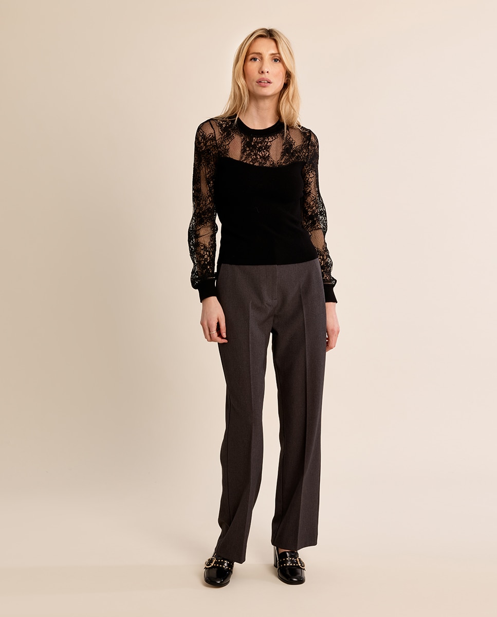 Jersey de mujer de manga larga detalle encaje - Molly Bracken - Negro Negro-1