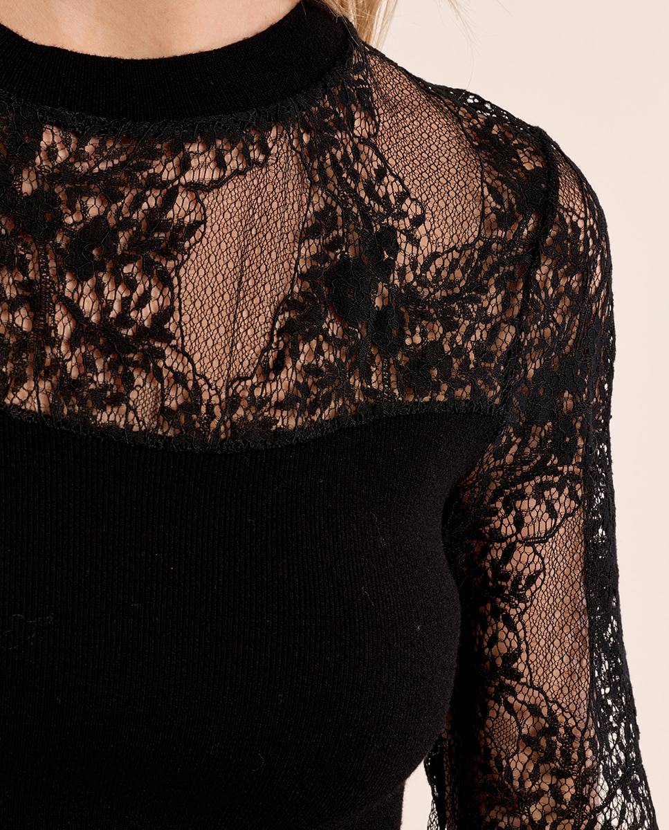 Jersey de mujer de manga larga detalle encaje - Molly Bracken - Negro Negro-5