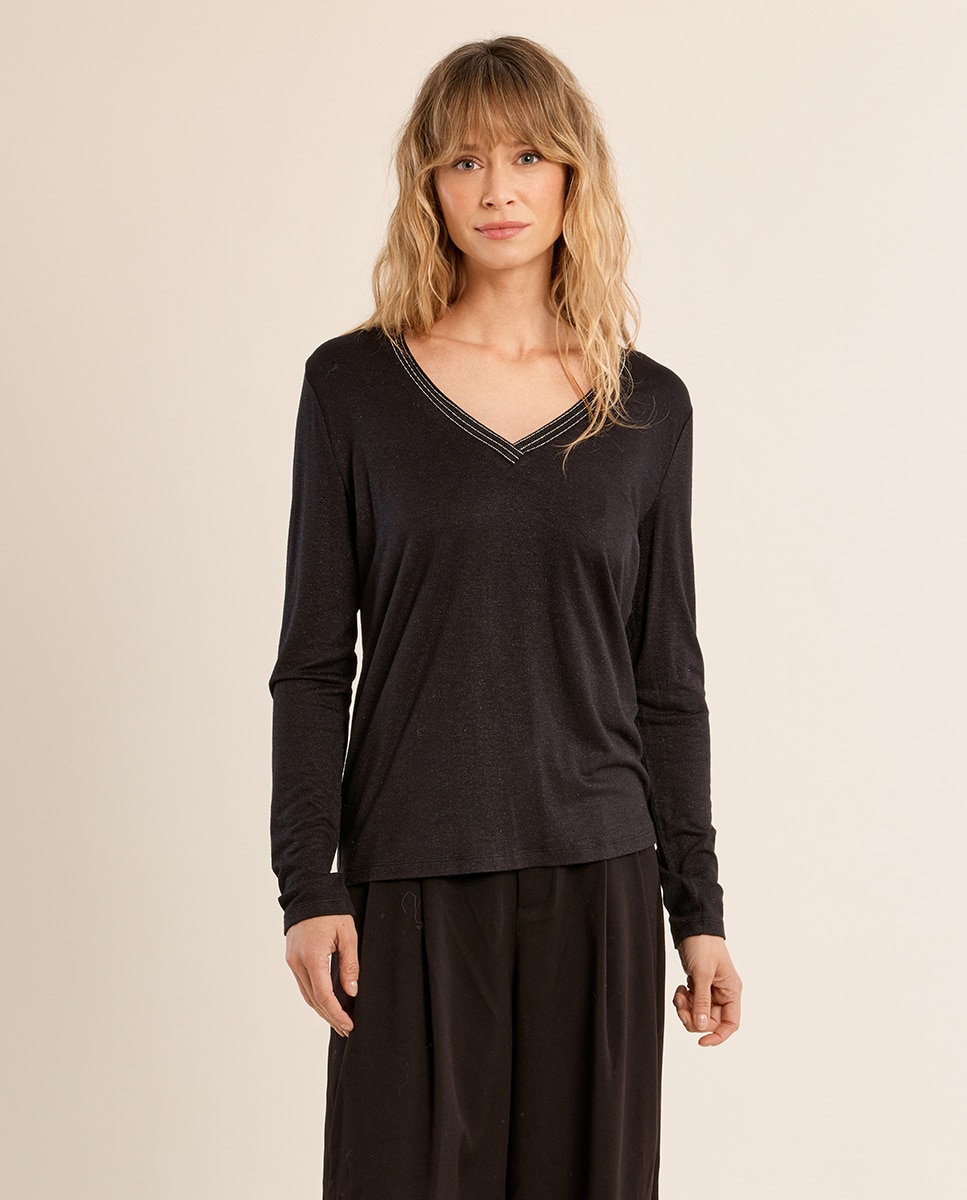 Jersey de mujer de manga larga detalle ribete - Molly Bracken - Negro Negro-2