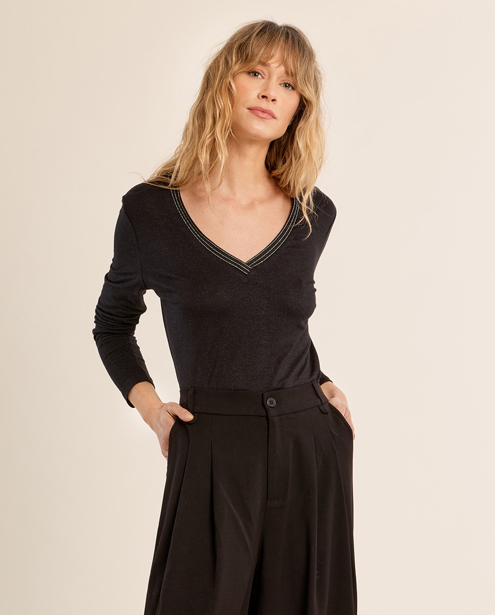 Jersey de mujer de manga larga detalle ribete - Molly Bracken - Negro Negro-3