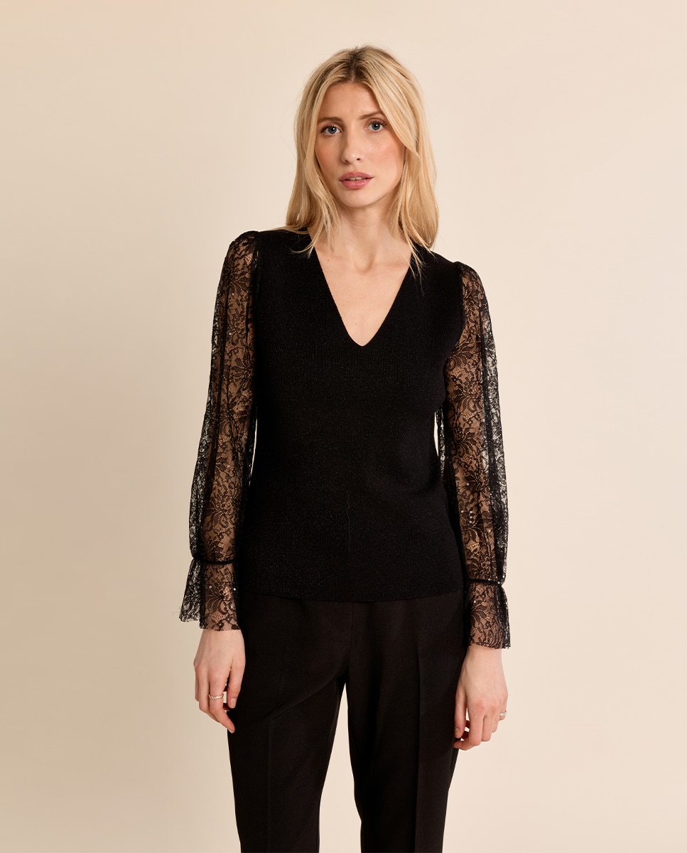 Jersey de mujer de manga larga detalle encaje - Molly Bracken - Negro Negro-2