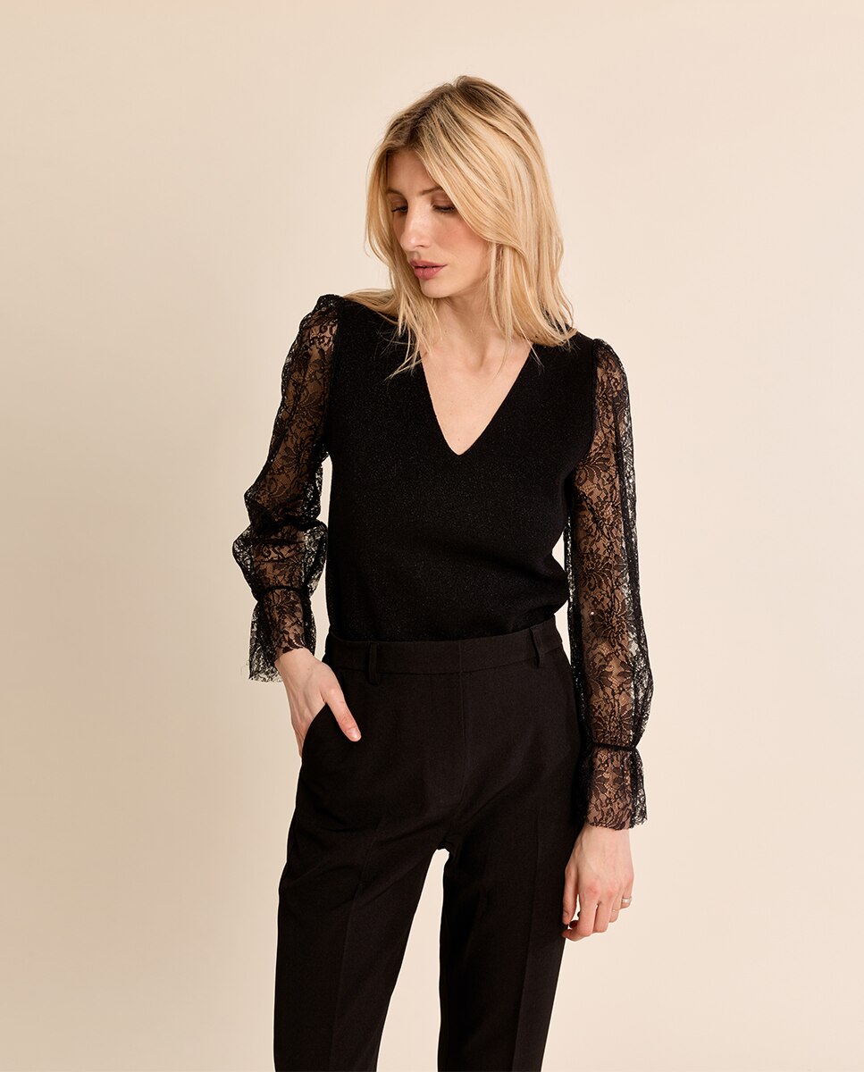 Jersey de mujer de manga larga detalle encaje - Molly Bracken - Negro Negro-3