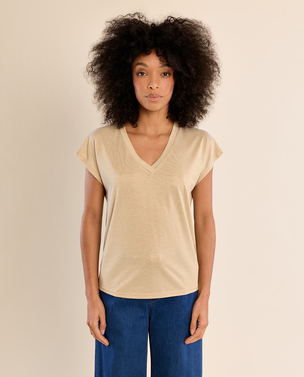 Camiseta de mujer de manga corta cuello en v - Molly Bracken - Beige Beige-2