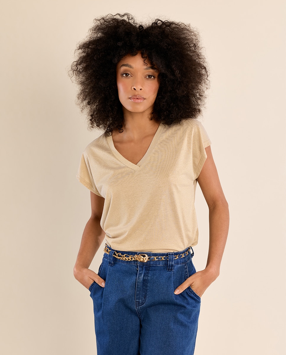 Camiseta de mujer de manga corta cuello en v - Molly Bracken - Beige Beige-3
