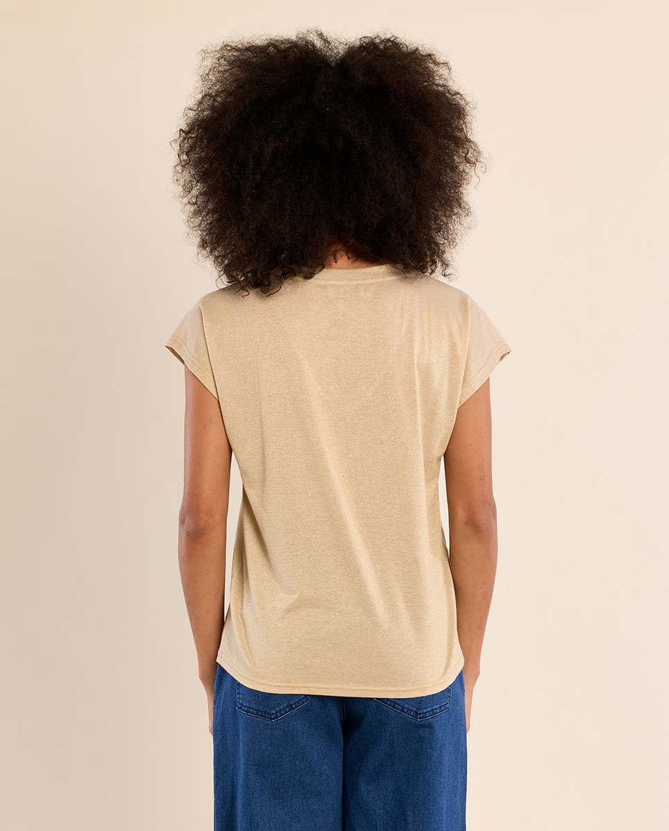 Camiseta de mujer de manga corta cuello en v - Molly Bracken - Beige Beige-4