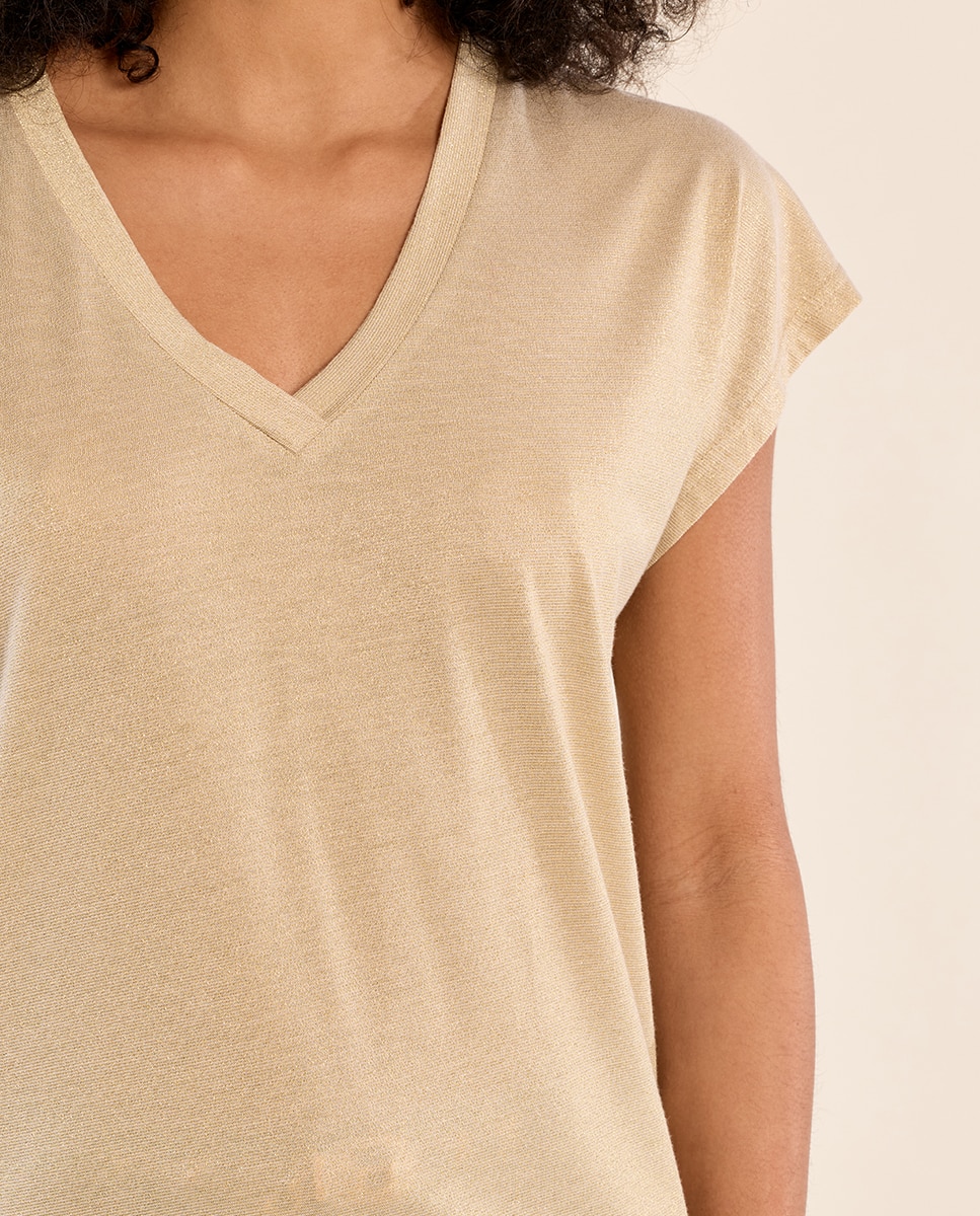 Camiseta de mujer de manga corta cuello en v - Molly Bracken - Beige Beige-5