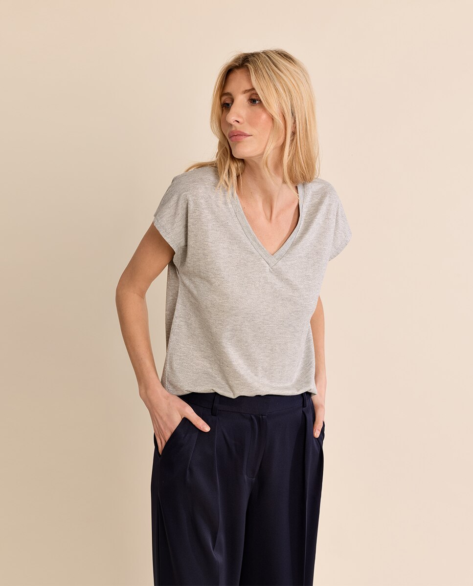 Camiseta de mujer de manga corta cuello en v - Molly Bracken - Plata Plata-3