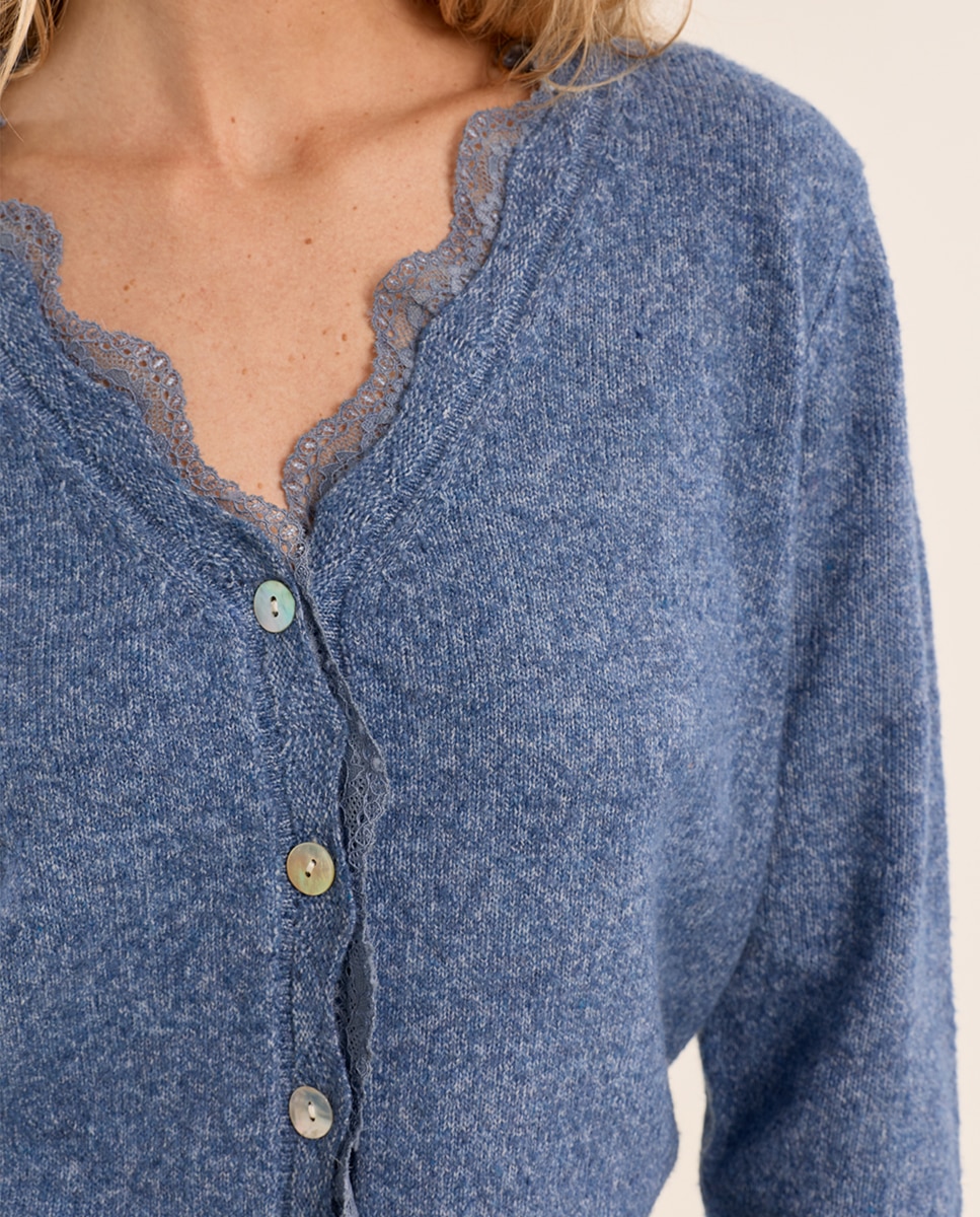 Cárdigan de mujer de manga larga detalle encaje - Molly Bracken - Azul Azul-5