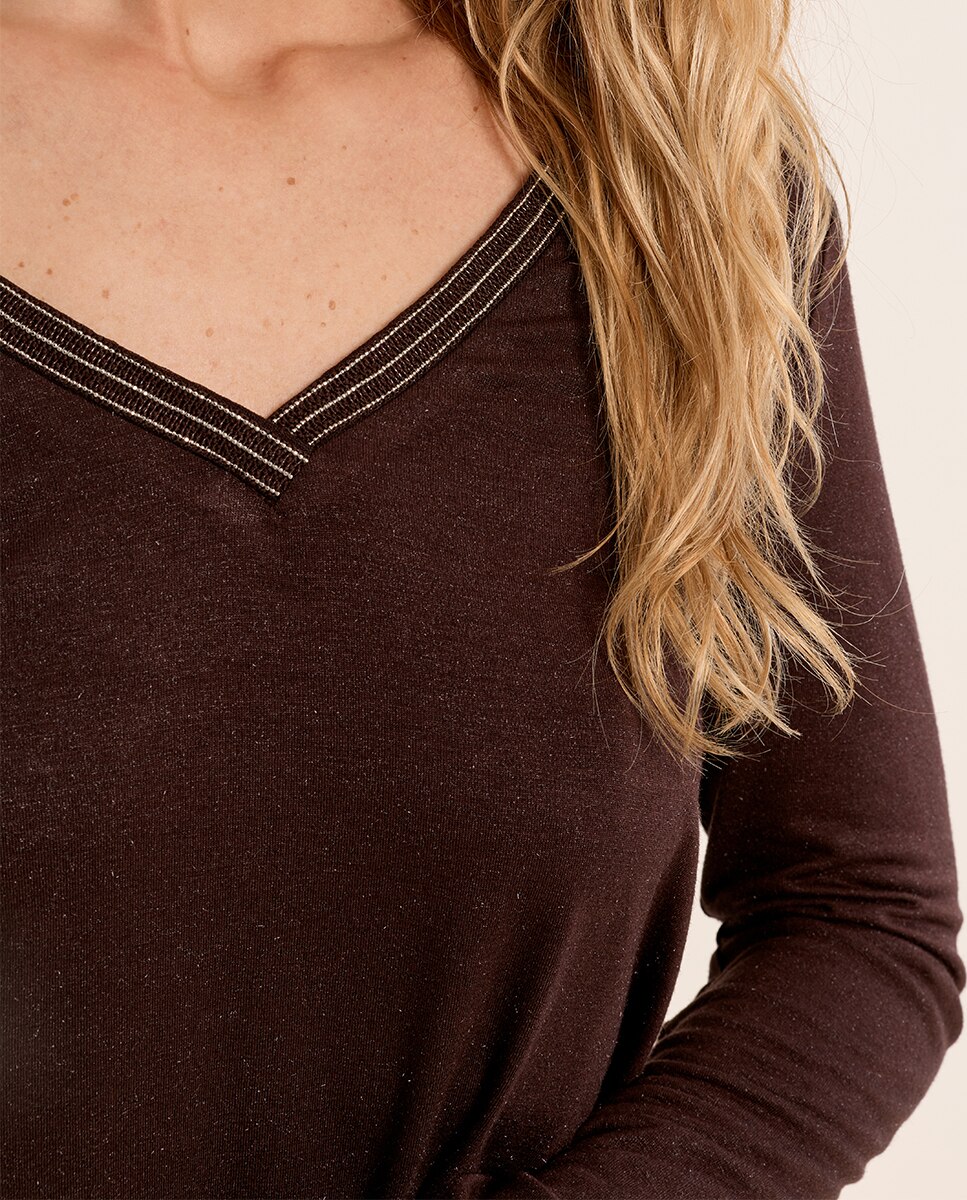 Jersey de mujer de manga larga detalle ribete - Molly Bracken - Marrón chocolate Marrón chocolate-5