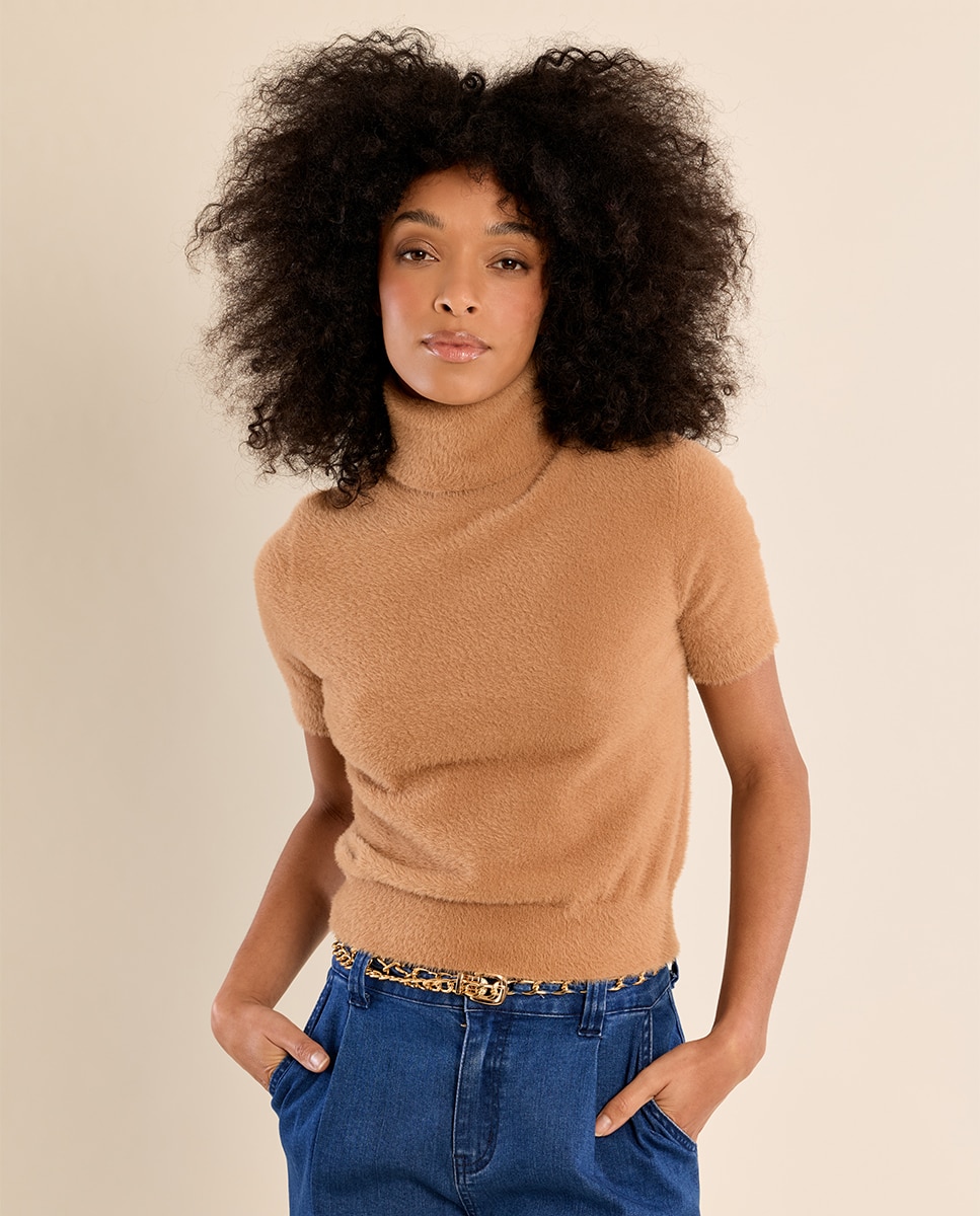 Jersey de mujer de manga corta cuello alto - Molly Bracken - Camel Camel-3