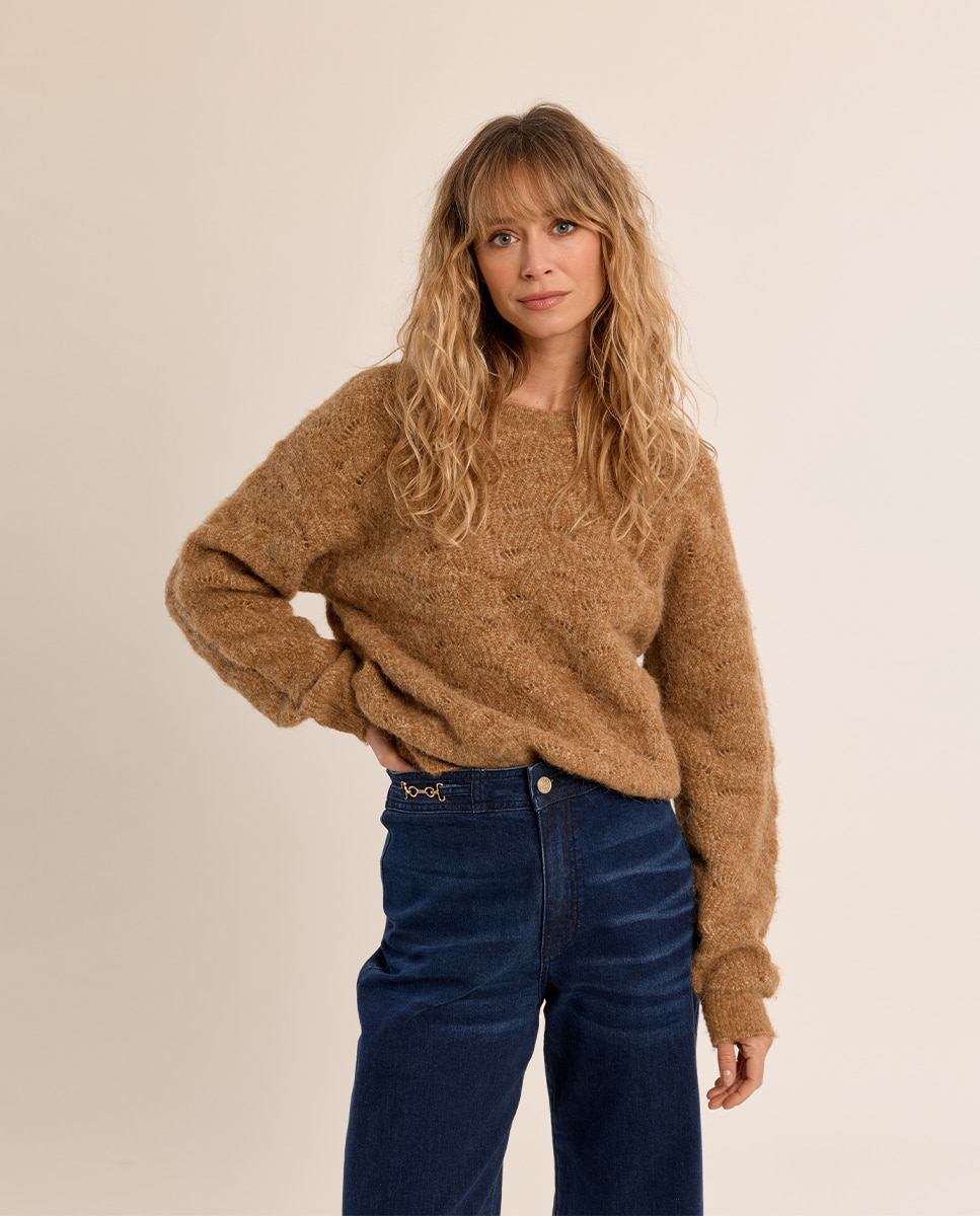 Jersey de mujer de manga larga en punto bordado - Molly Bracken - Camel Camel-3