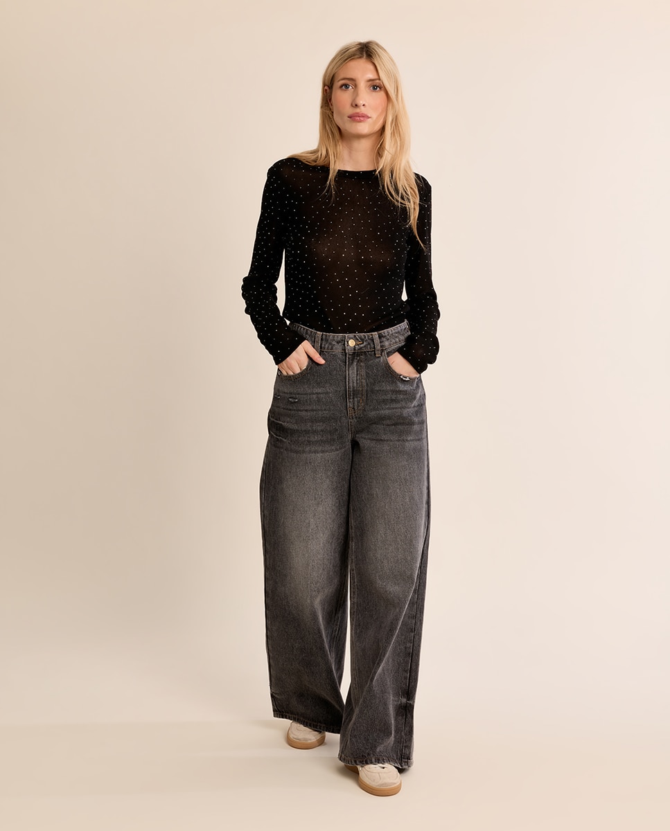 Jersey de mujer de manga larga detalle lunares - Molly Bracken - Negro Negro-1