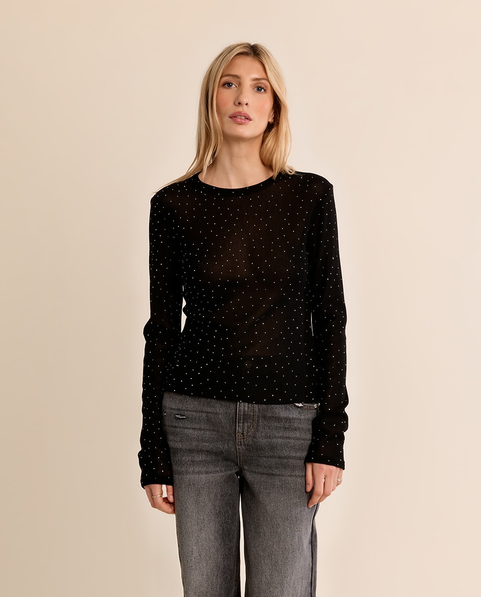 Jersey de mujer de manga larga detalle lunares - Molly Bracken - Negro Negro-2