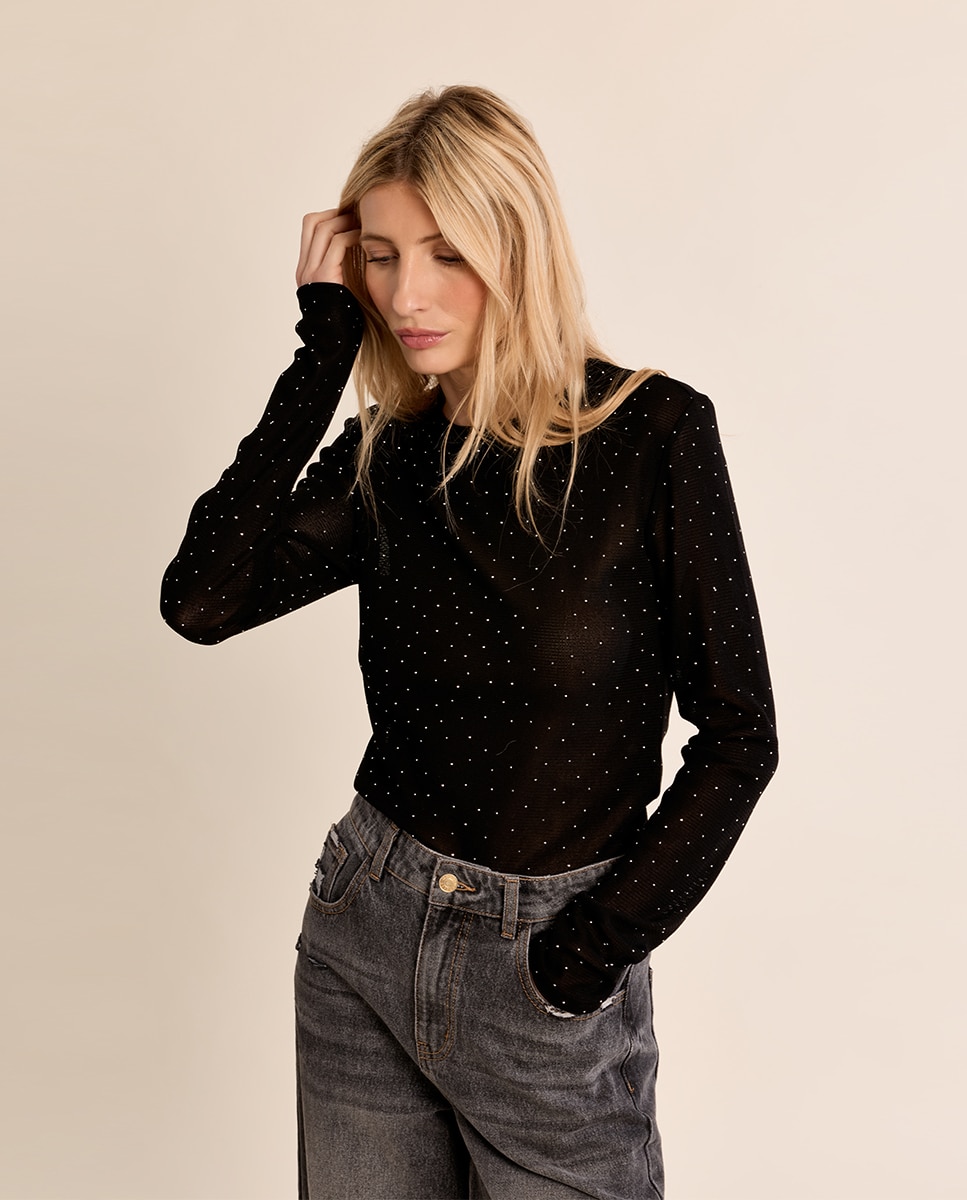 Jersey de mujer de manga larga detalle lunares - Molly Bracken - Negro Negro-3