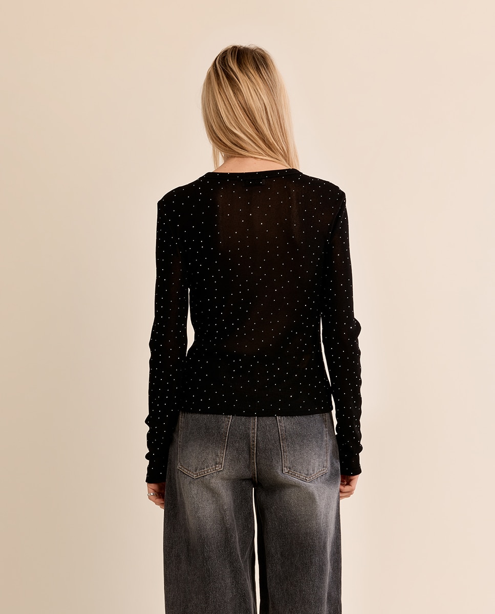 Jersey de mujer de manga larga detalle lunares - Molly Bracken - Negro Negro-4