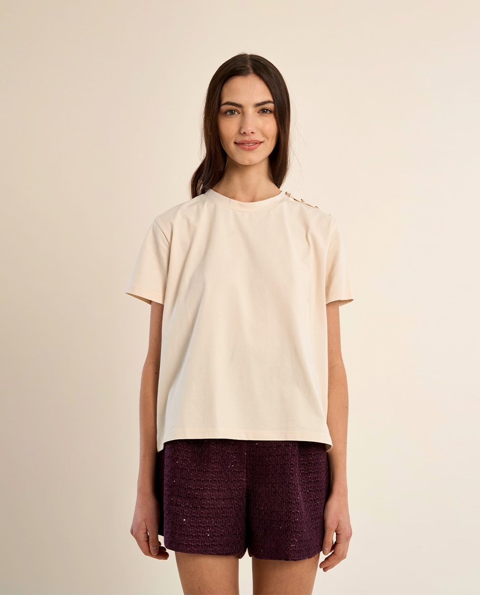 Camiseta de mujer de manga corta detalle botones - Molly Bracken - Crema Crema-2
