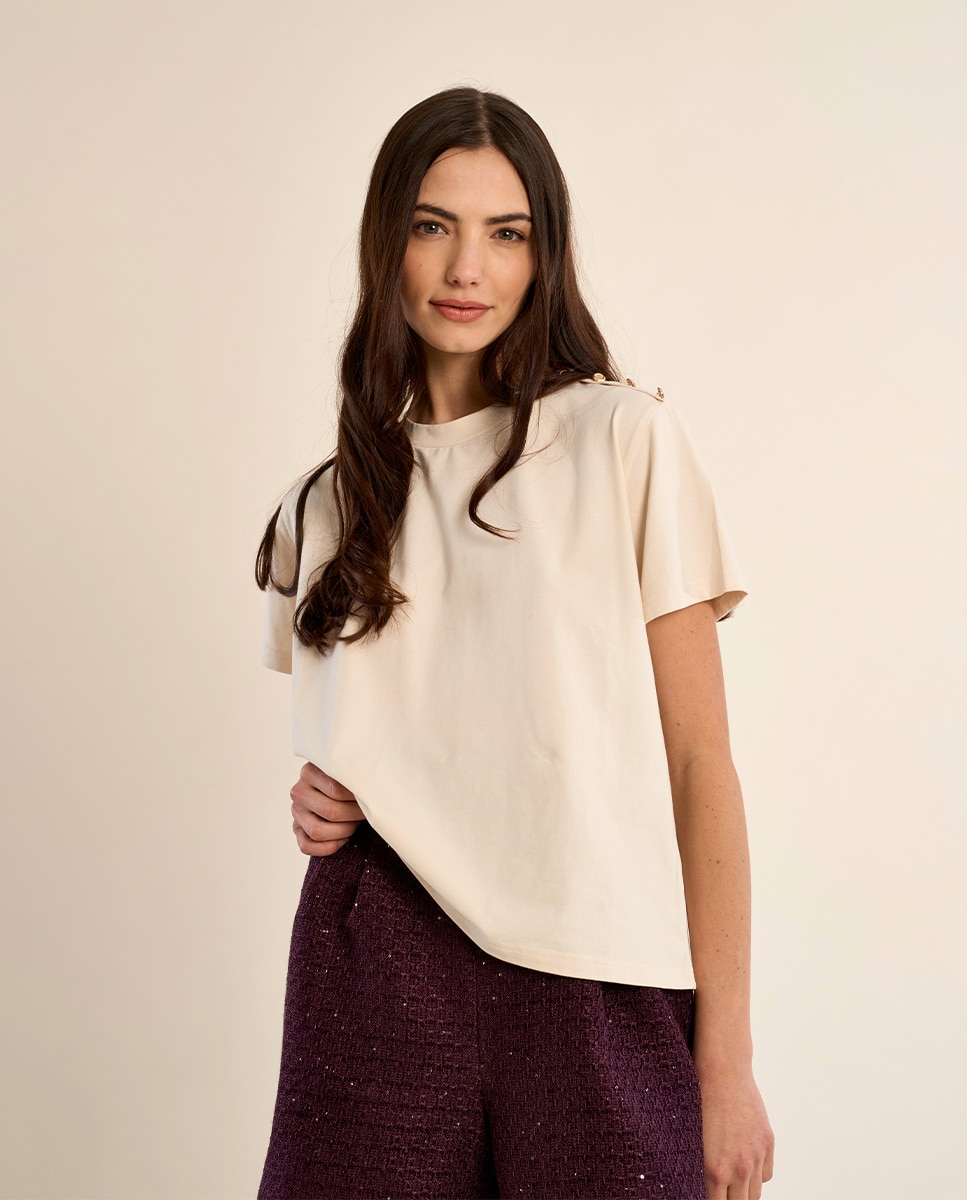 Camiseta de mujer de manga corta detalle botones - Molly Bracken - Crema Crema-3