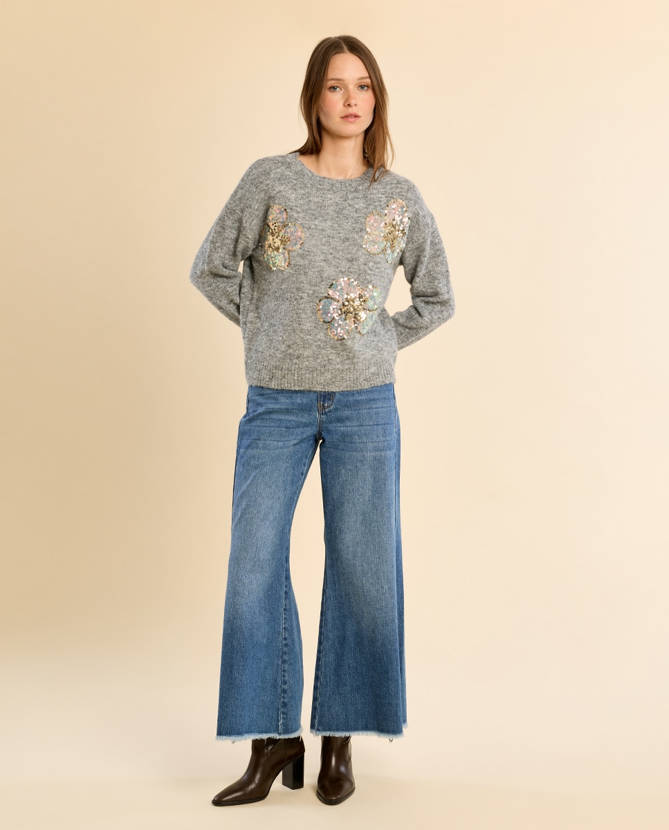 Jersey de mujer de manga larga detalle flores - Molly Bracken - Gris Gris-1