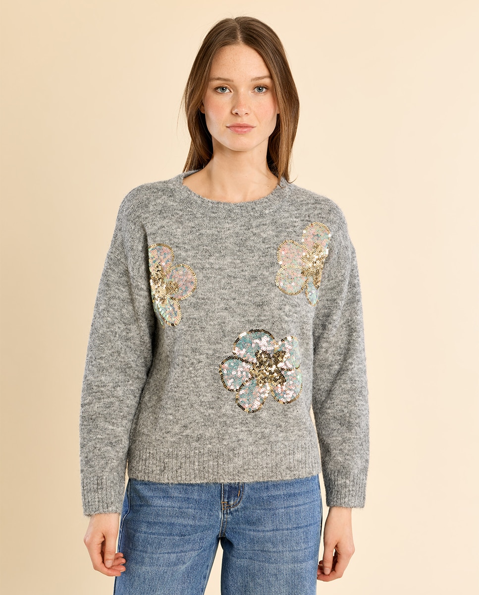 Jersey de mujer de manga larga detalle flores - Molly Bracken - Gris Gris-2