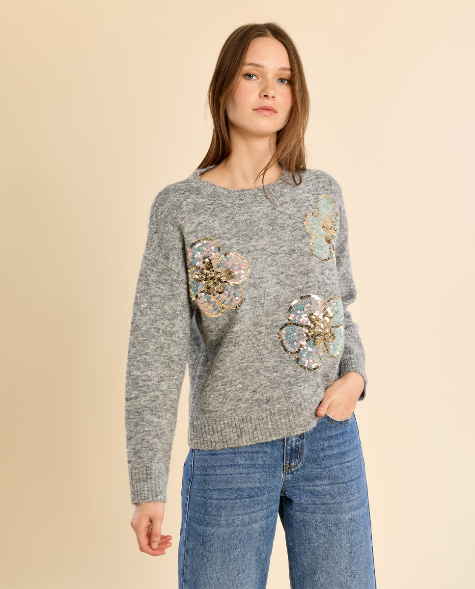 Jersey de mujer de manga larga detalle flores - Molly Bracken - Gris Gris-3