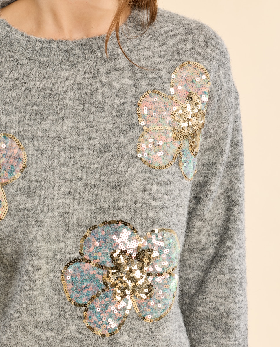 Jersey de mujer de manga larga detalle flores - Molly Bracken - Gris Gris-5