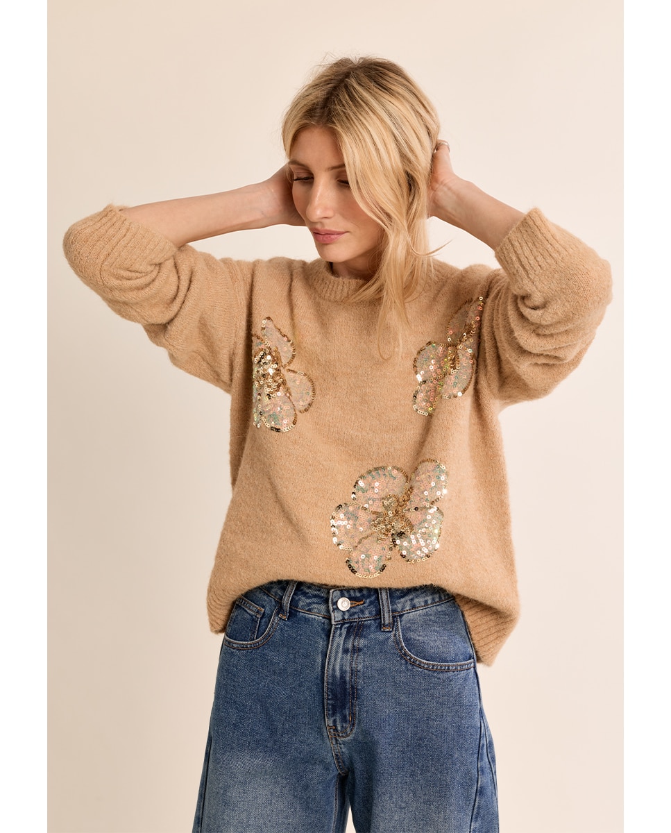 Jersey de mujer de manga larga detalle flores - Molly Bracken - Beige Beige-3