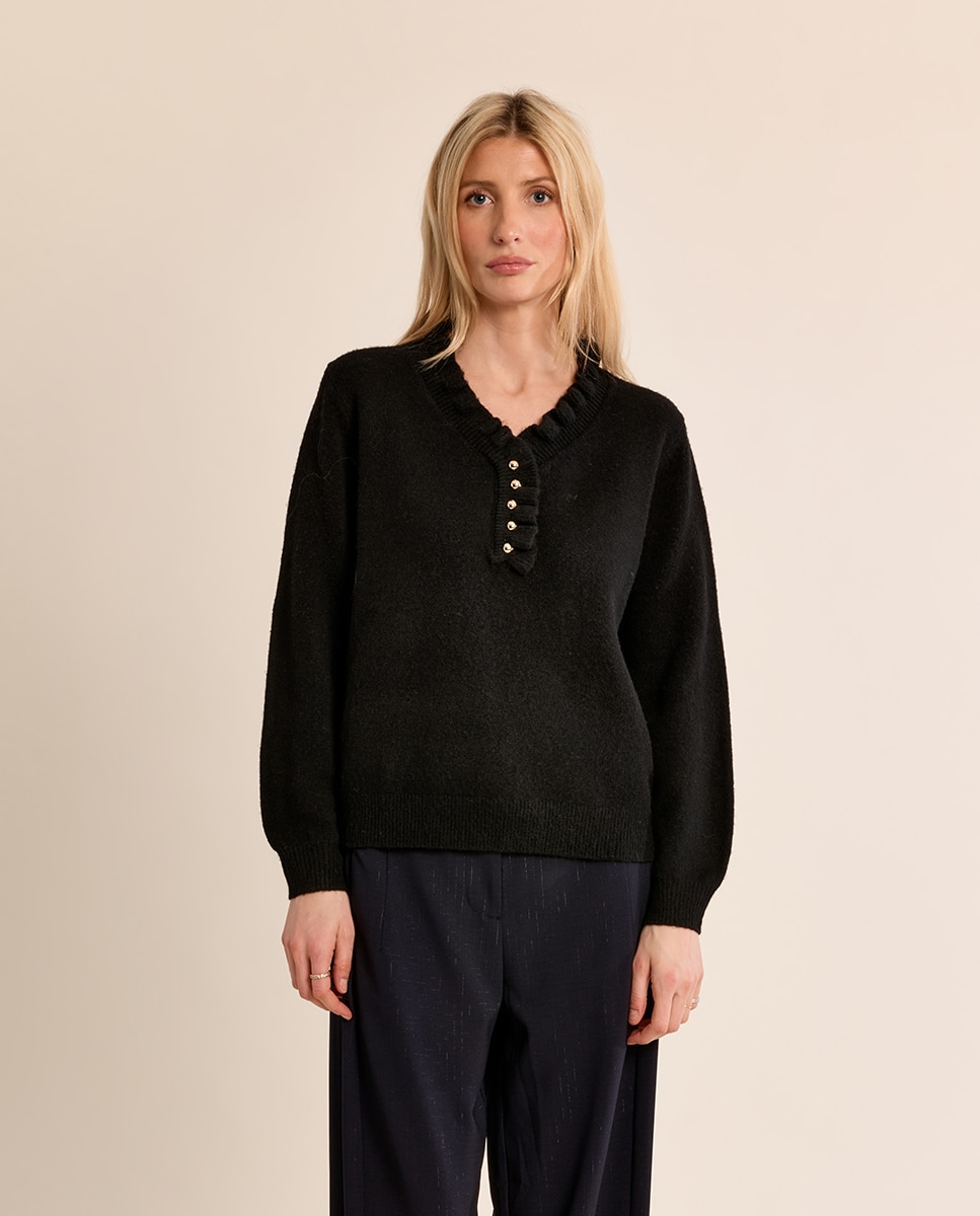 Jersey de mujer de manga larga detalle volantes - Molly Bracken - Negro Negro-2