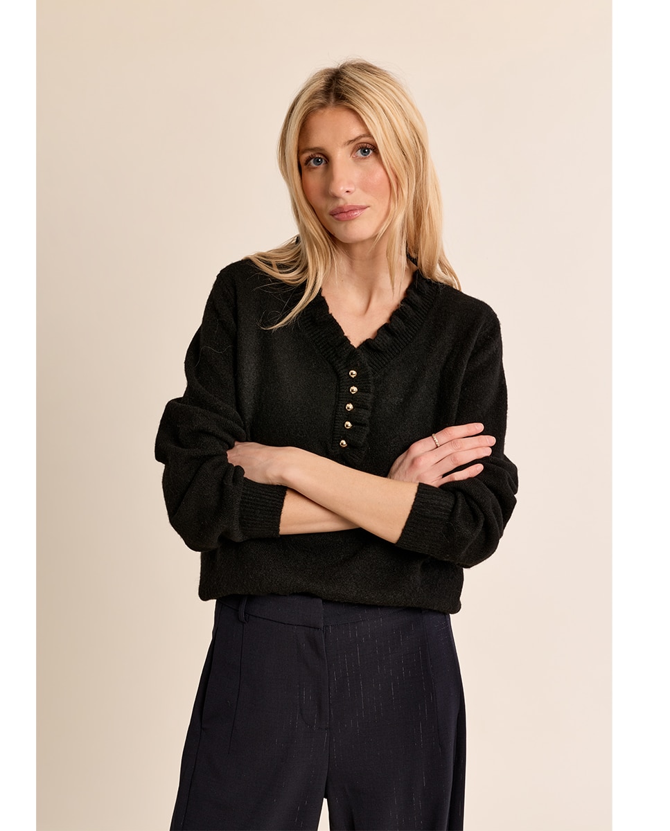 Jersey de mujer de manga larga detalle volantes - Molly Bracken - Negro Negro-3