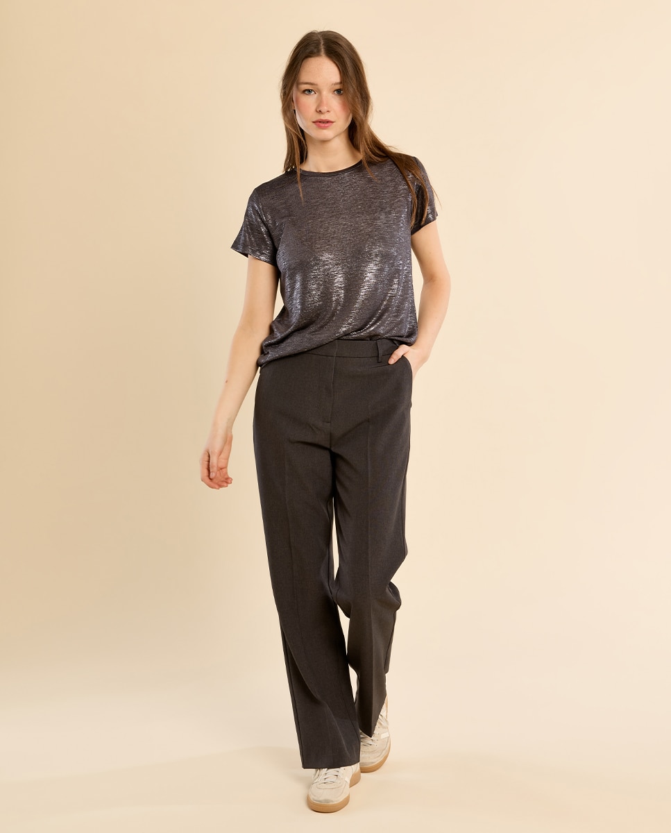 Camiseta de mujer de manga corta en tejido brillante - Molly Bracken - Acero negro Acero negro-1