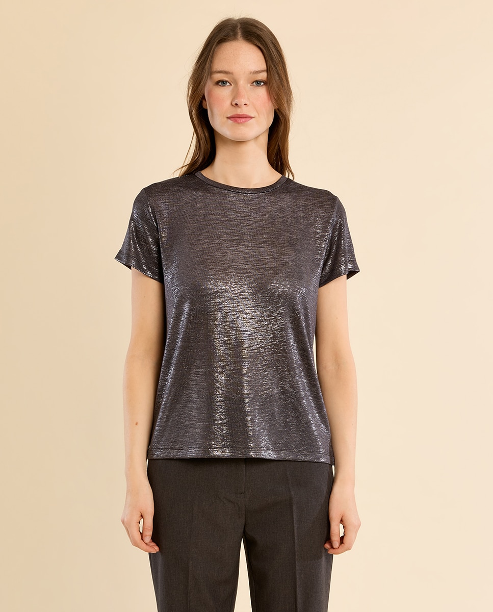 Camiseta de mujer de manga corta en tejido brillante - Molly Bracken - Acero negro Acero negro-2