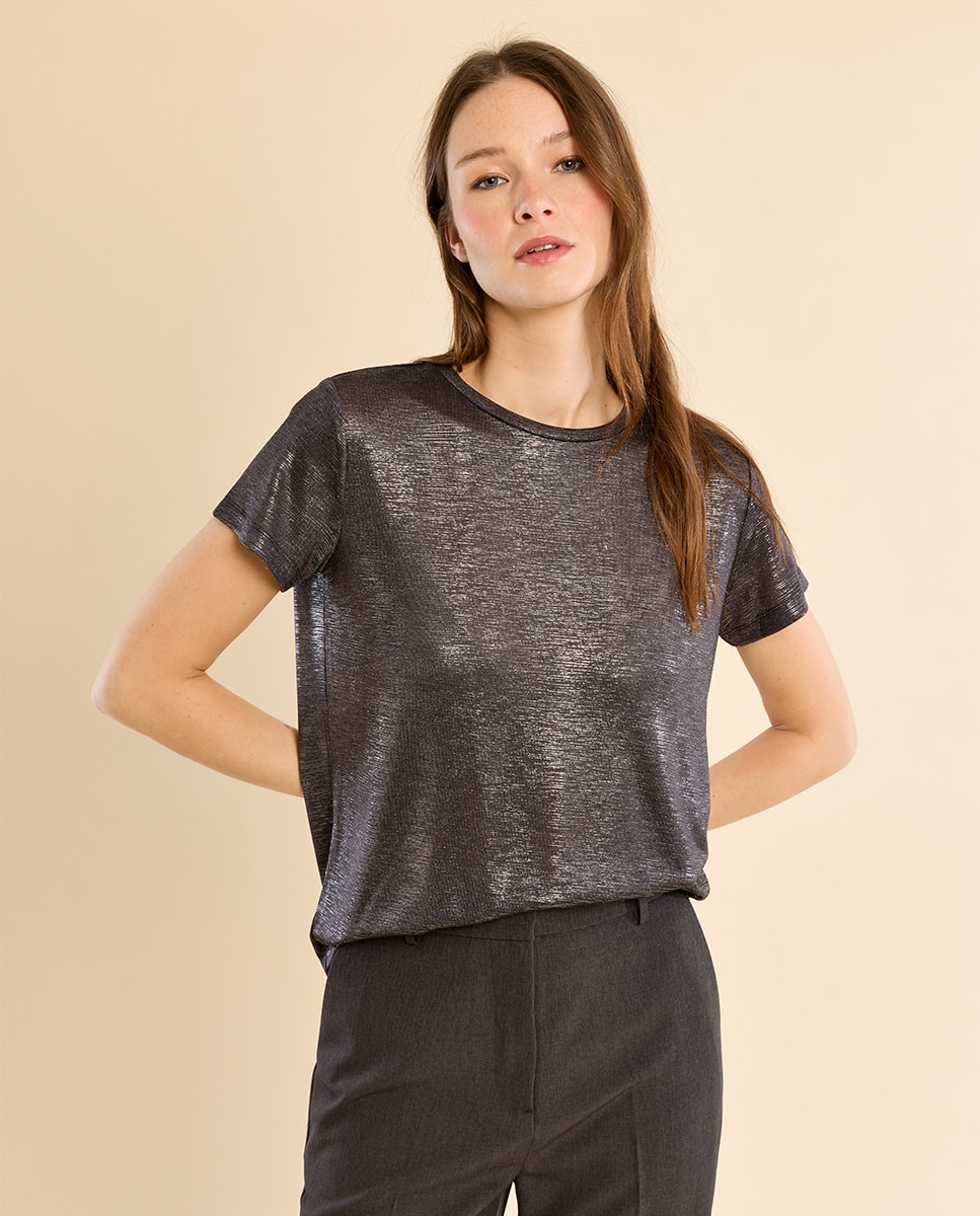 Camiseta de mujer de manga corta en tejido brillante - Molly Bracken - Acero negro Acero negro-3