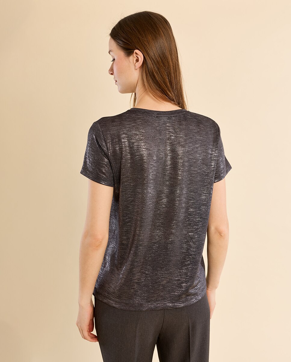 Camiseta de mujer de manga corta en tejido brillante - Molly Bracken - Acero negro Acero negro-4