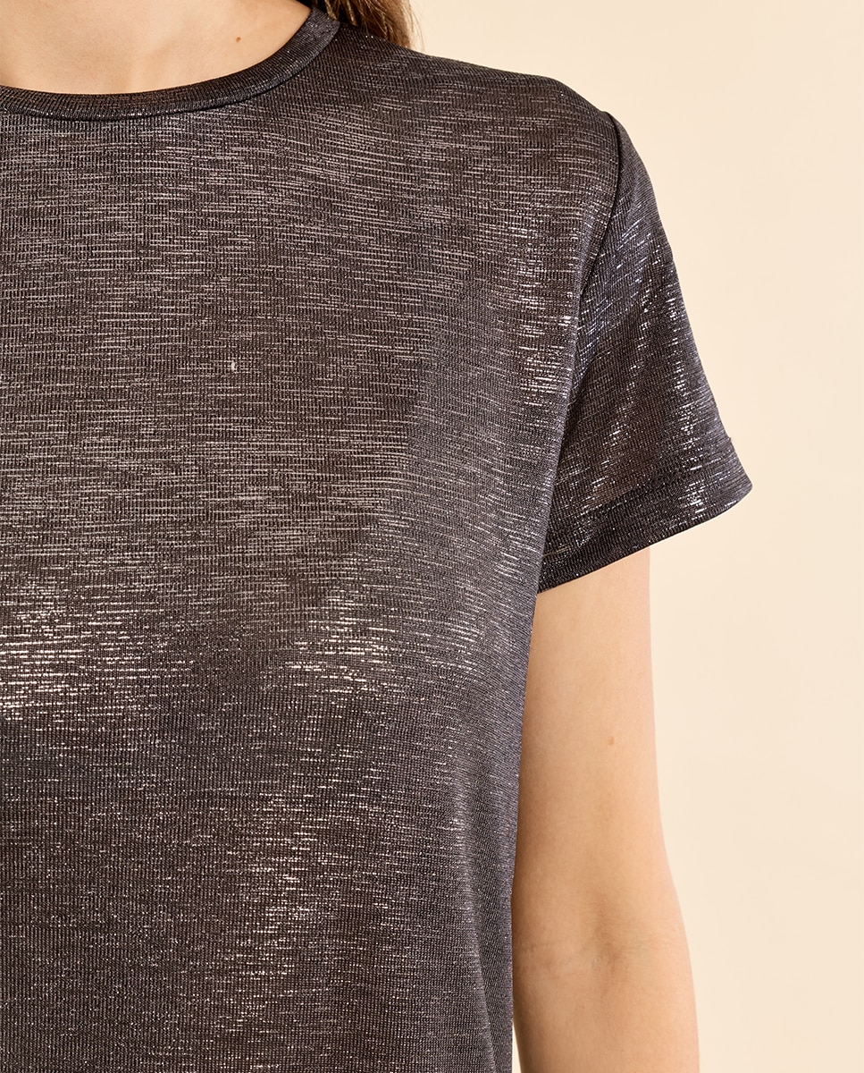 Camiseta de mujer de manga corta en tejido brillante - Molly Bracken - Acero negro Acero negro-5