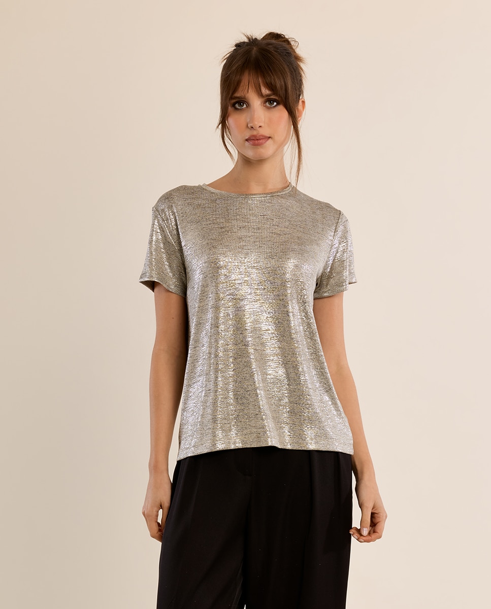 Camiseta de mujer de manga corta en tejido brillante - Molly Bracken - Beige Beige-2