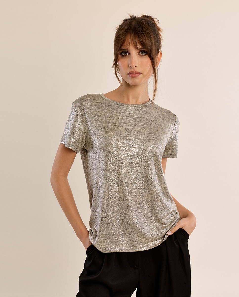 Camiseta de mujer de manga corta en tejido brillante - Molly Bracken - Beige Beige-3