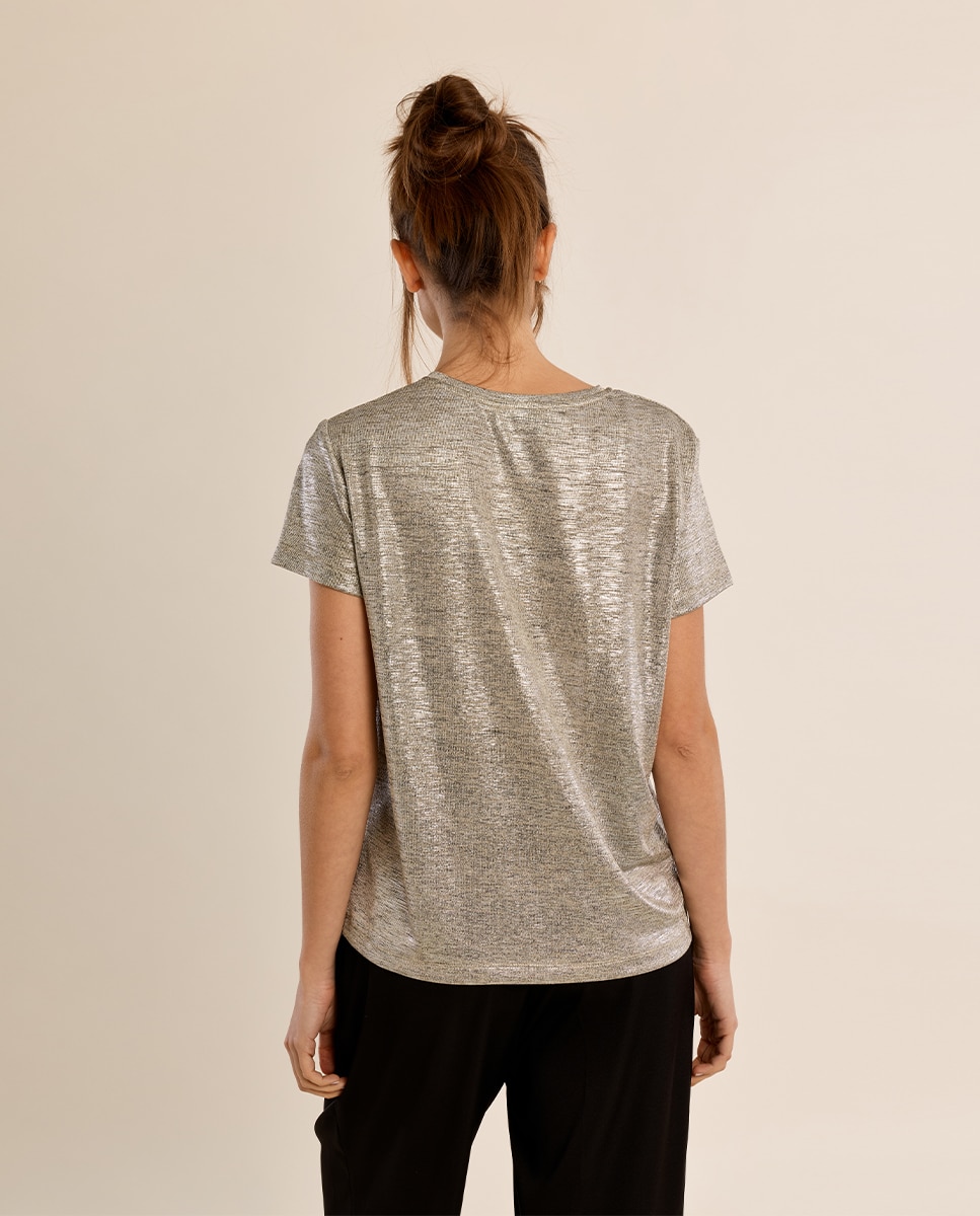Camiseta de mujer de manga corta en tejido brillante - Molly Bracken - Beige Beige-4
