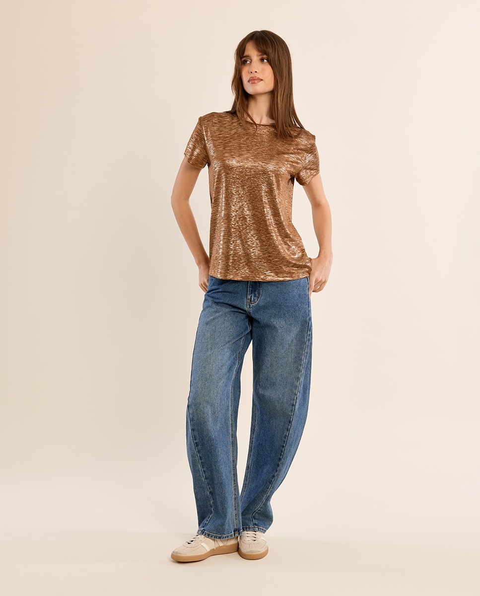 Camiseta de mujer de manga corta en tejido brillante - Molly Bracken - Camel Camel-1