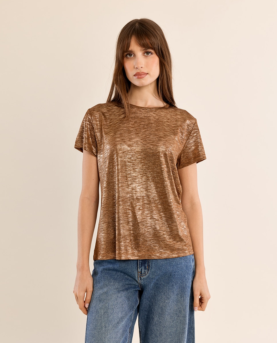 Camiseta de mujer de manga corta en tejido brillante - Molly Bracken - Camel Camel-2
