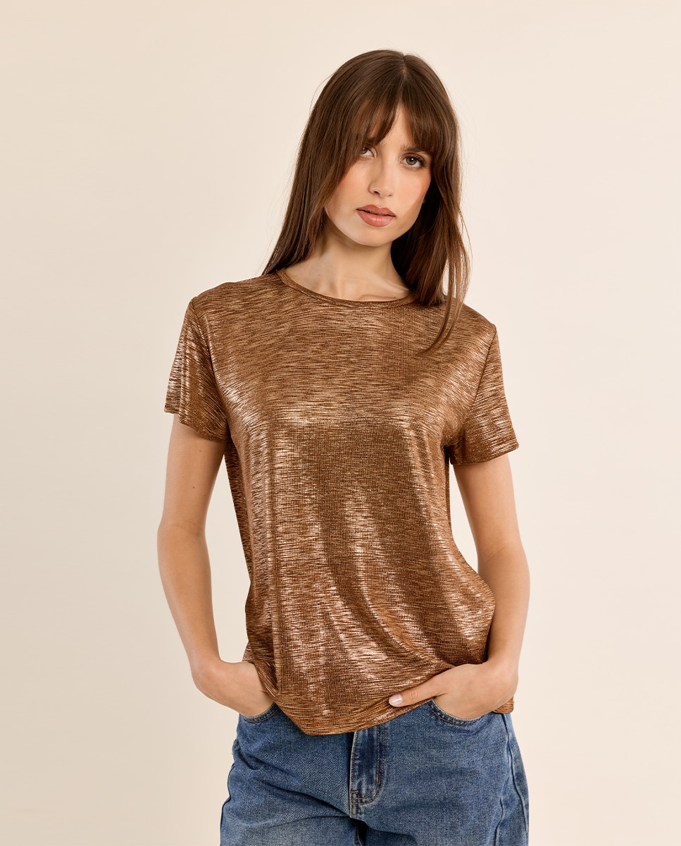 Camiseta de mujer de manga corta en tejido brillante - Molly Bracken - Camel Camel-3