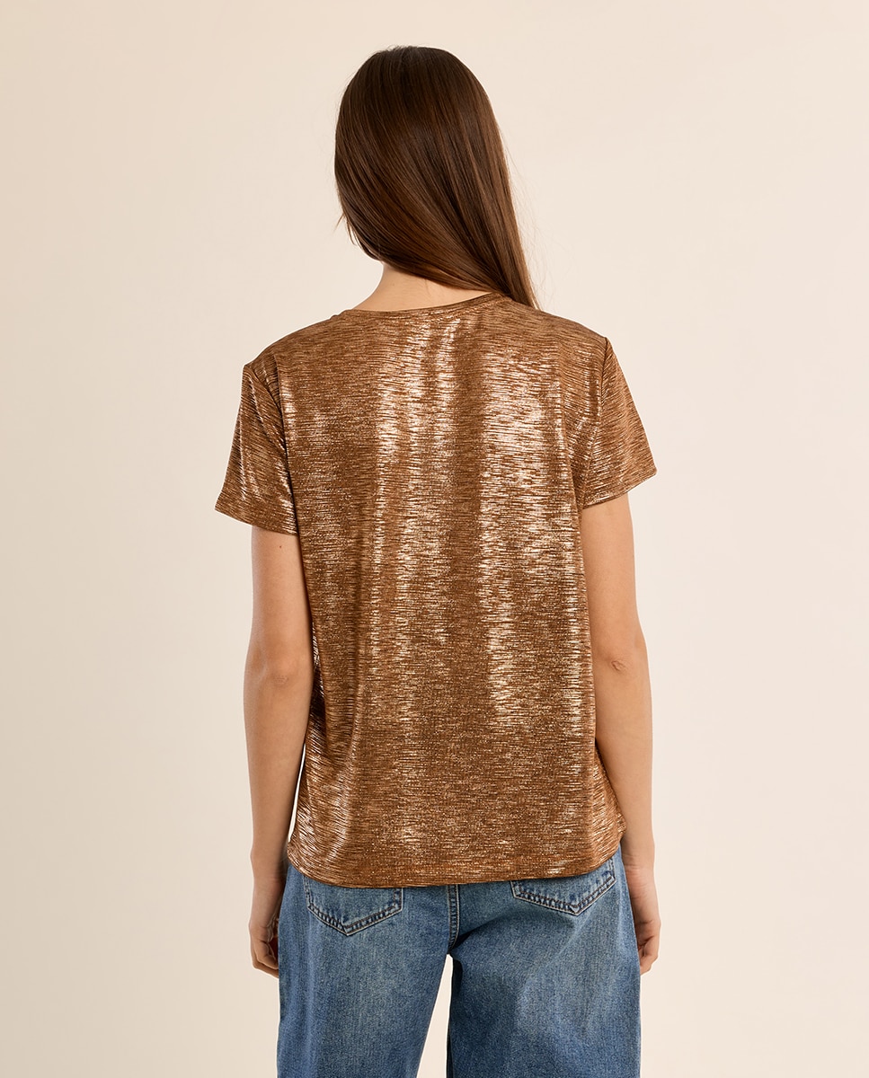 Camiseta de mujer de manga corta en tejido brillante - Molly Bracken - Camel Camel-4