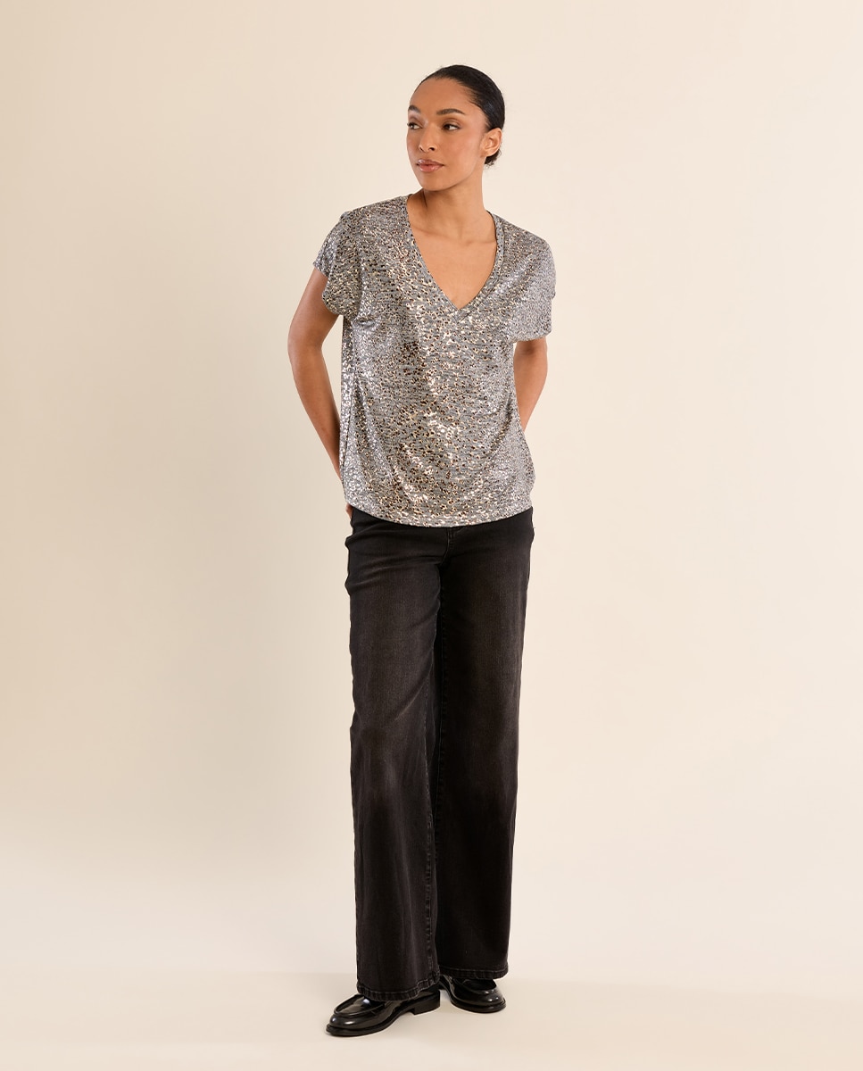 Camiseta de mujer de manga corta con estampado - Molly Bracken - Gris Gris-1