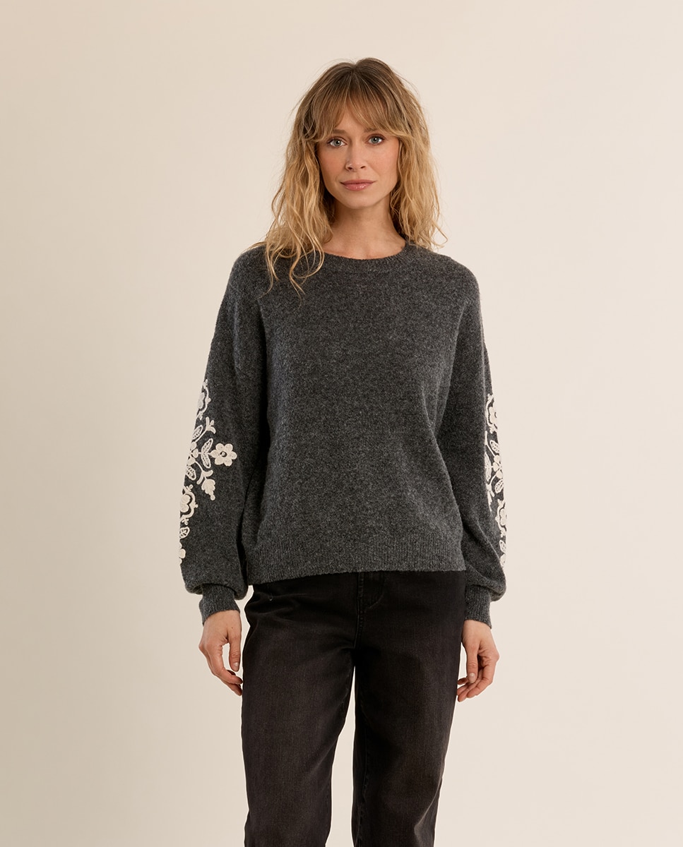 Jersey de mujer de manga larga detalle flores - Molly Bracken - Gris Gris-2