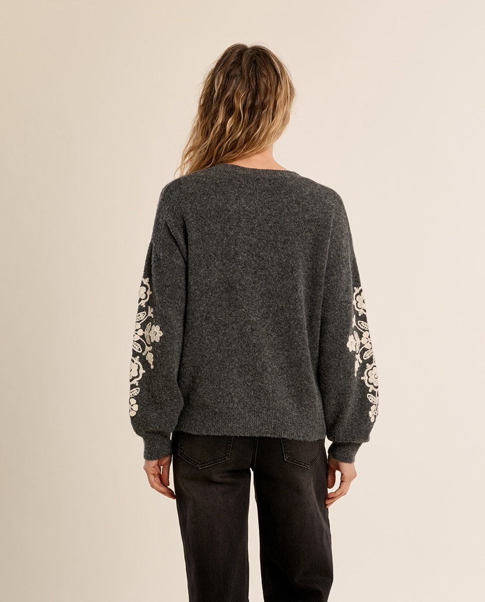 Jersey de mujer de manga larga detalle flores - Molly Bracken - Gris Gris-4
