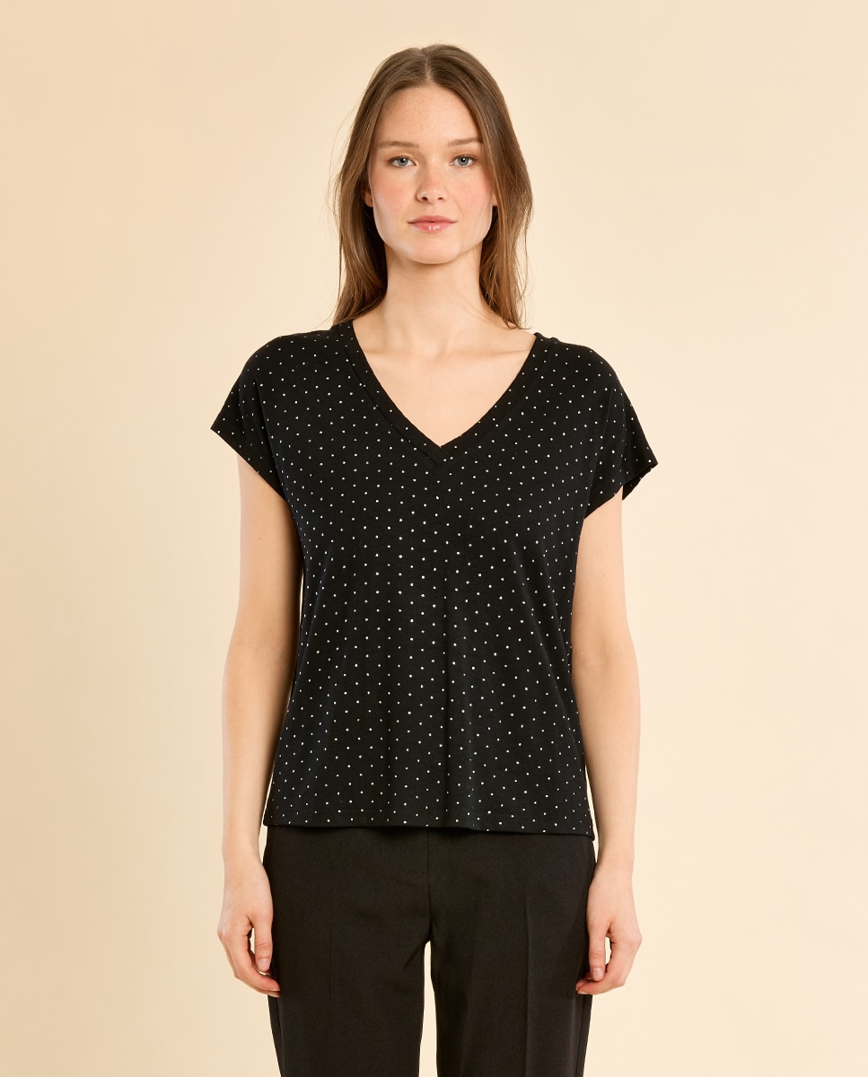 Camiseta de mujer de manga corta estampado lunares - Molly Bracken - Negro Negro-2
