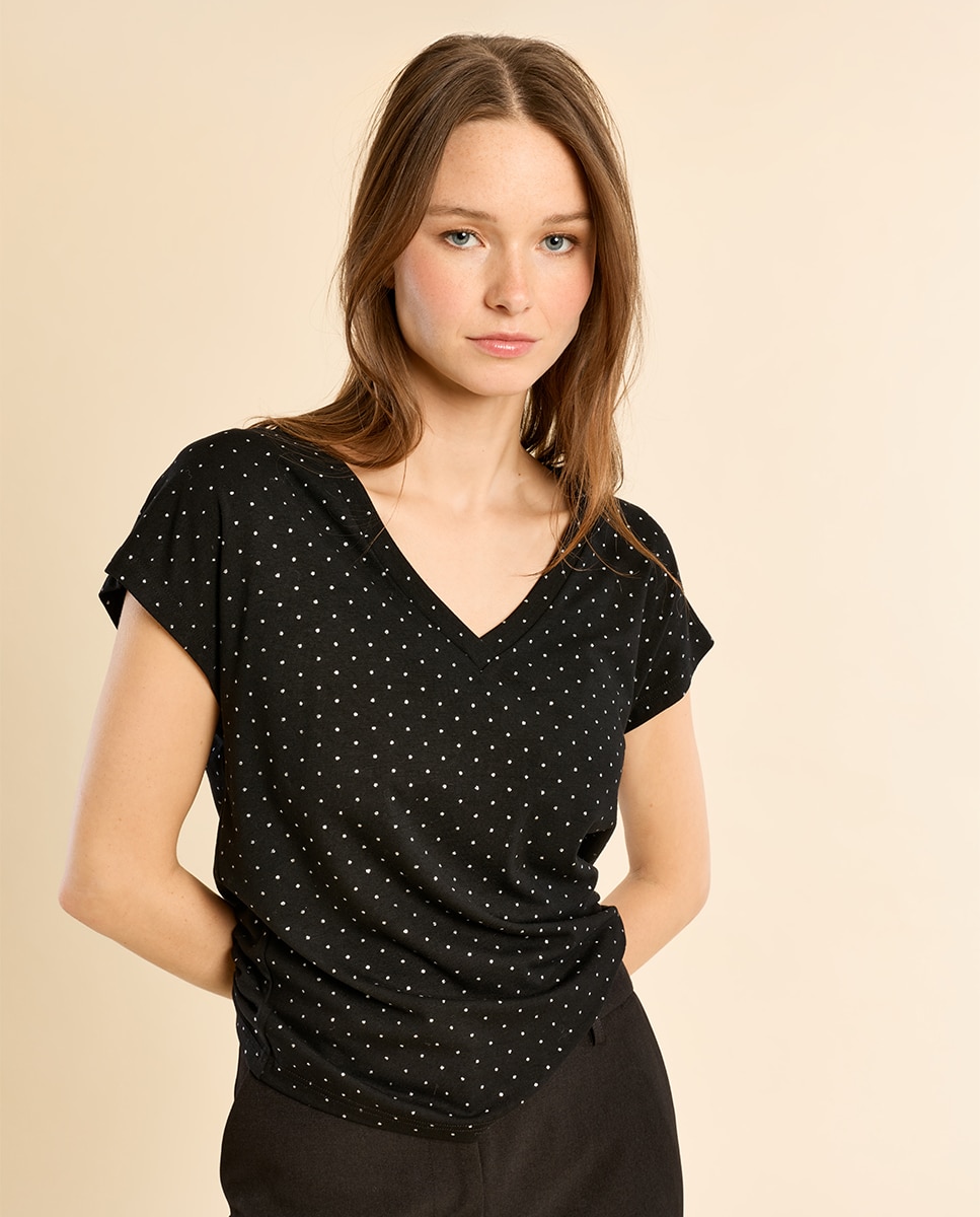 Camiseta de mujer de manga corta estampado lunares - Molly Bracken - Negro Negro-3