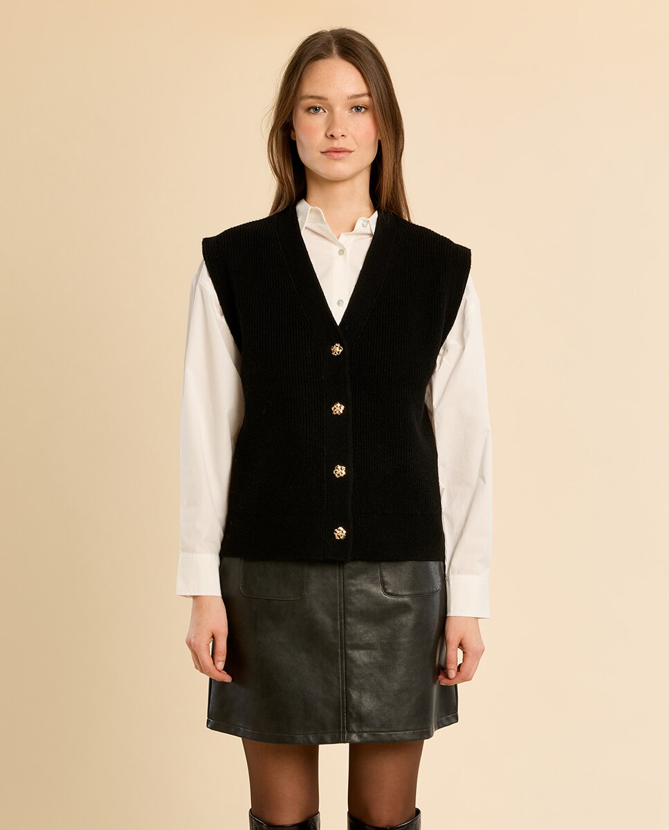 Chaleco de mujer de punto cierre botones - Molly Bracken - Negro Negro-2