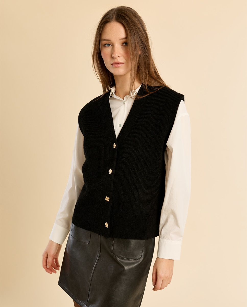 Chaleco de mujer de punto cierre botones - Molly Bracken - Negro Negro-3