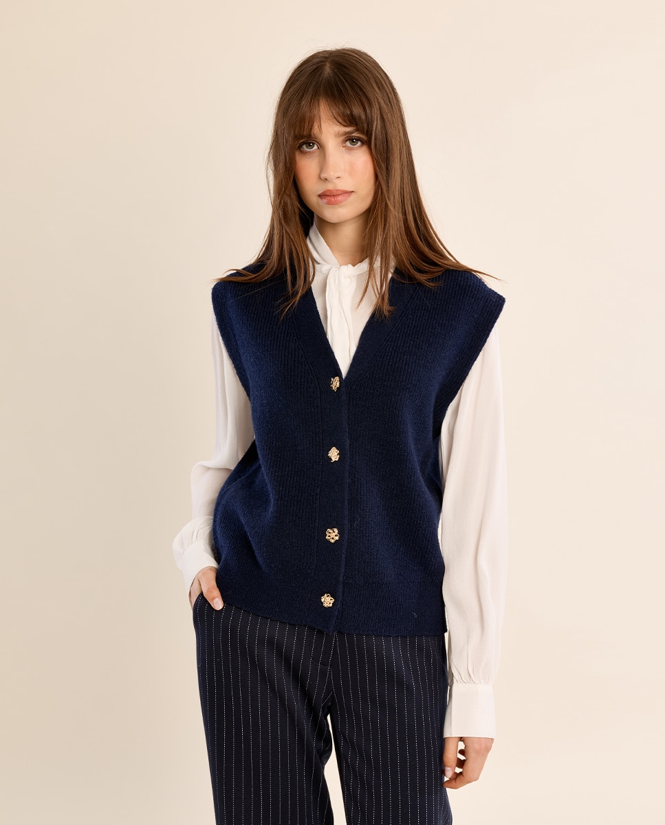 Chaleco de mujer de punto cierre botones - Molly Bracken - Azul marino Azul marino-3